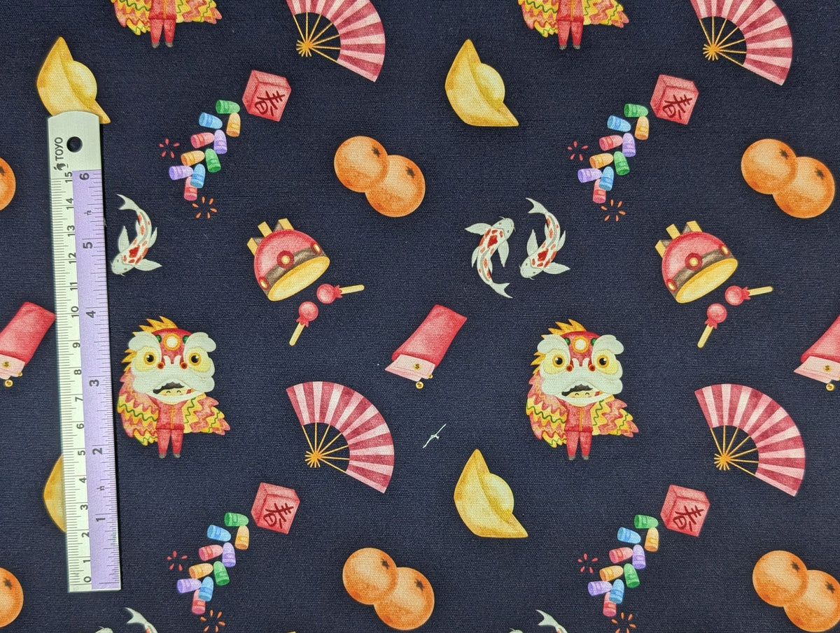 Cotton Canvas - Chinese New Year - Symbol Toss (Dark Navy) - 1-metre