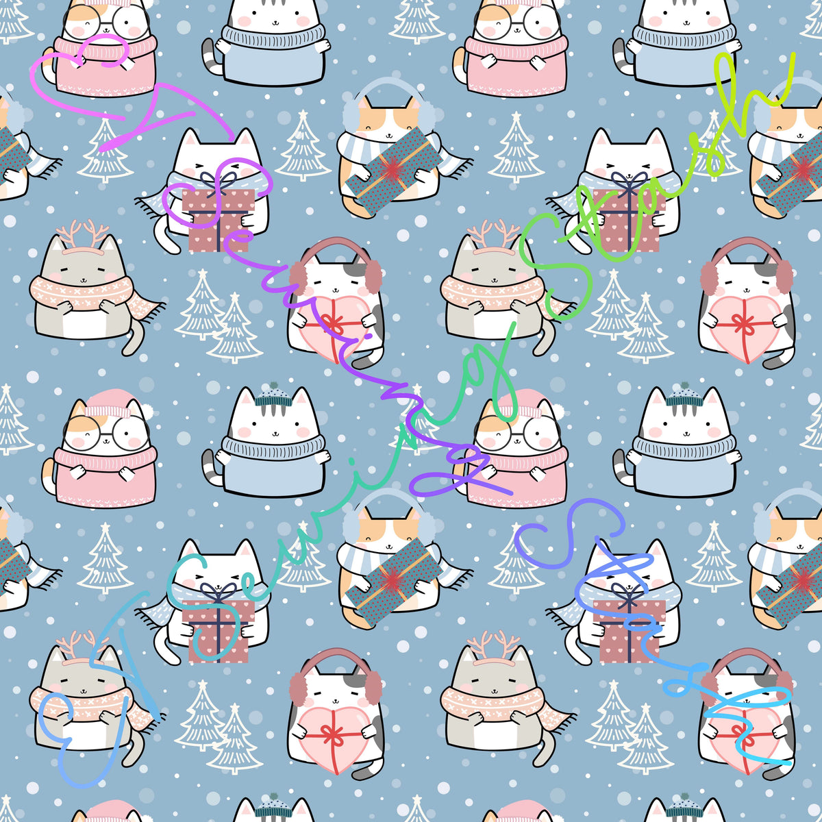 Winter Cats in Air Superiority Blue - Cotton Lycra