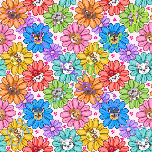 Pups in Flowers - Cotton Lycra
