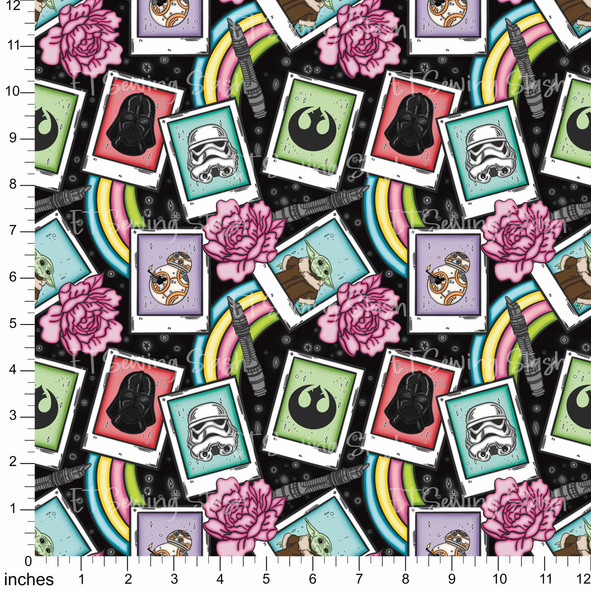 Cotton Twill - Space Wars Polaroids (Black) - By the yard