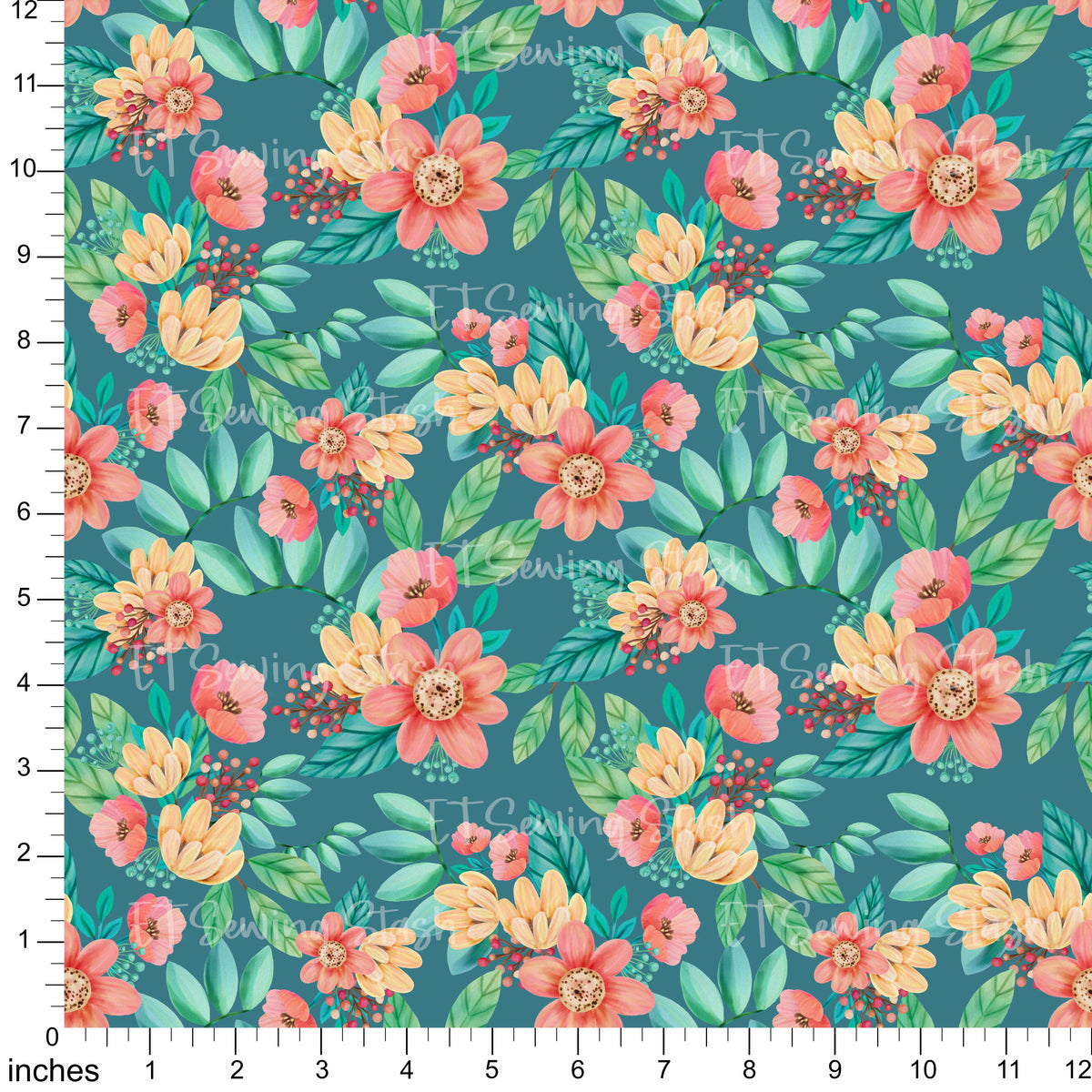 Cotton Twill - Acrylic Flowers - Blooming Flowers (Teal) - By the metre