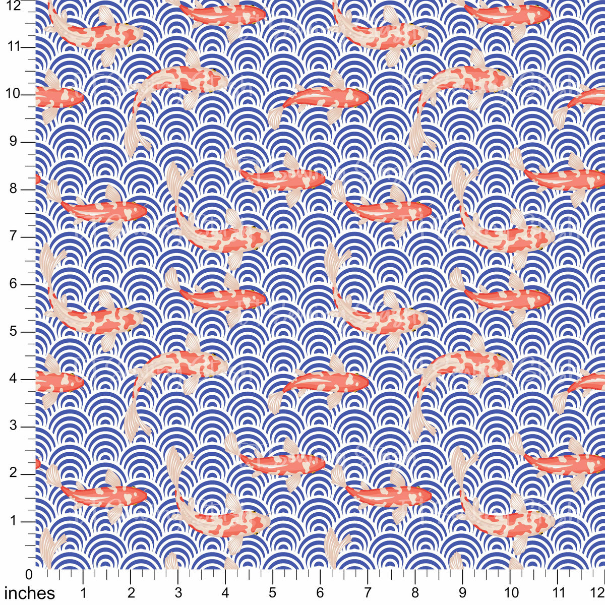 Cotton Twill - Koi and Blue Waves - By the Yard