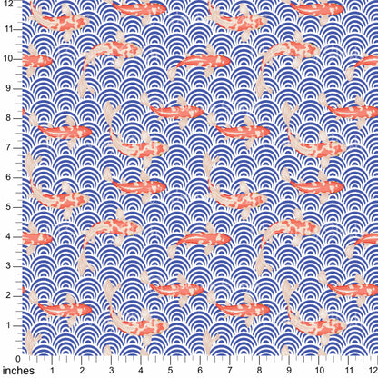 Cotton Twill - Koi and Blue Waves - By the Yard