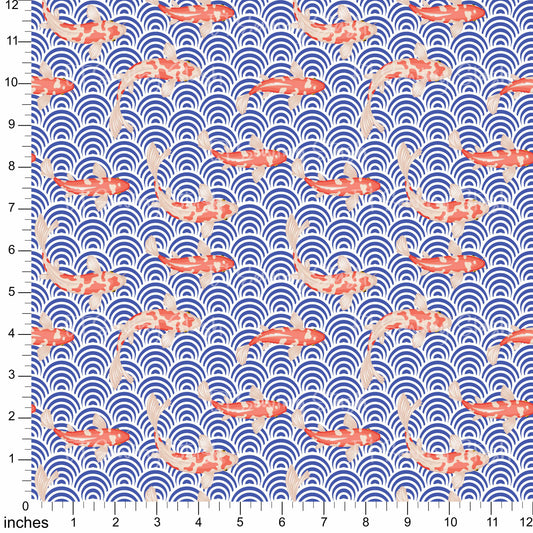 Cotton Twill - Koi and Blue Waves - By the Yard