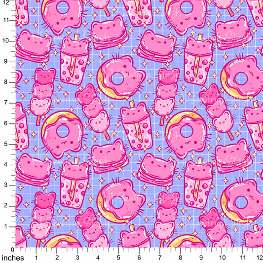 Cotton Twill - Cat Desserts (Periwinkle) - By the Metre
